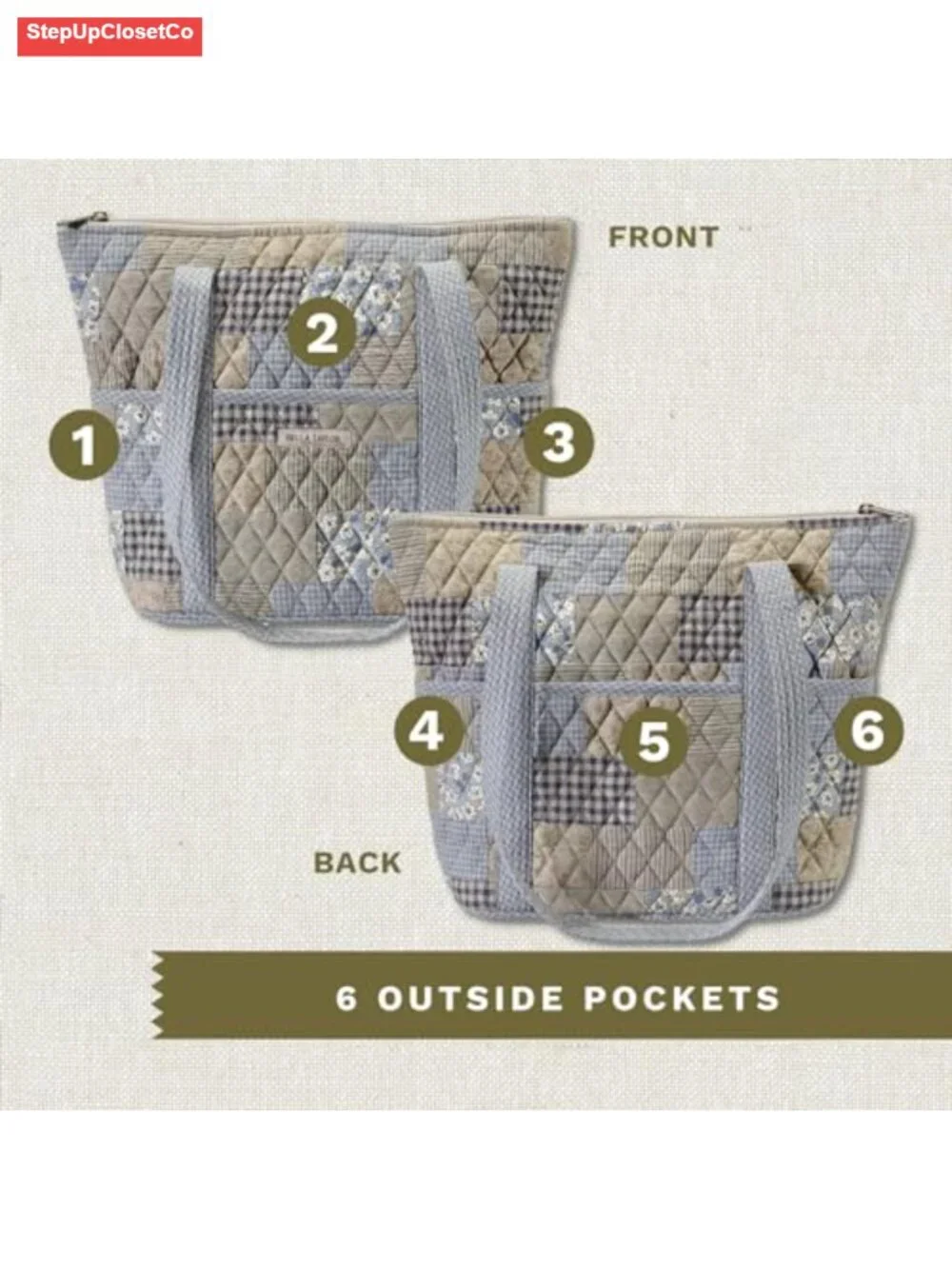 Quilted Cotton Shoulder Tote Bag for Women - 10 Pockets Zip Closure Lightweight